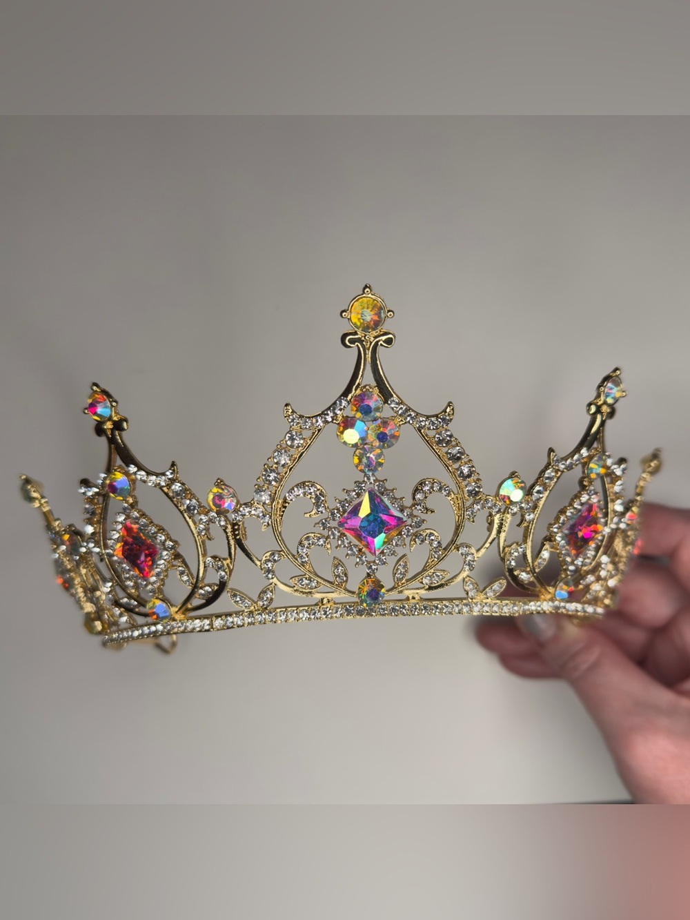 Gold Crown / Tiara with AB and Clear Rhinestones